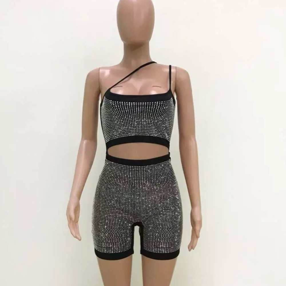 Cutout biker riveted shine romper spaghetti strap